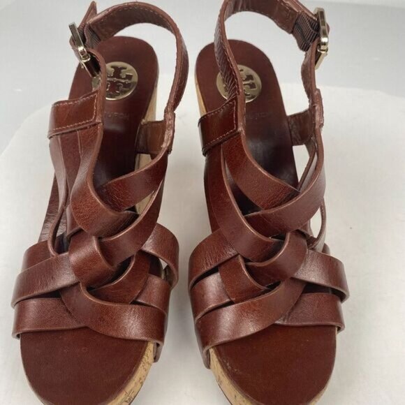 Tory Burch 7 M Ace High Wedge Platform Cork Slingback Heels Shoes Sandals Brown - Picture 1 of 16